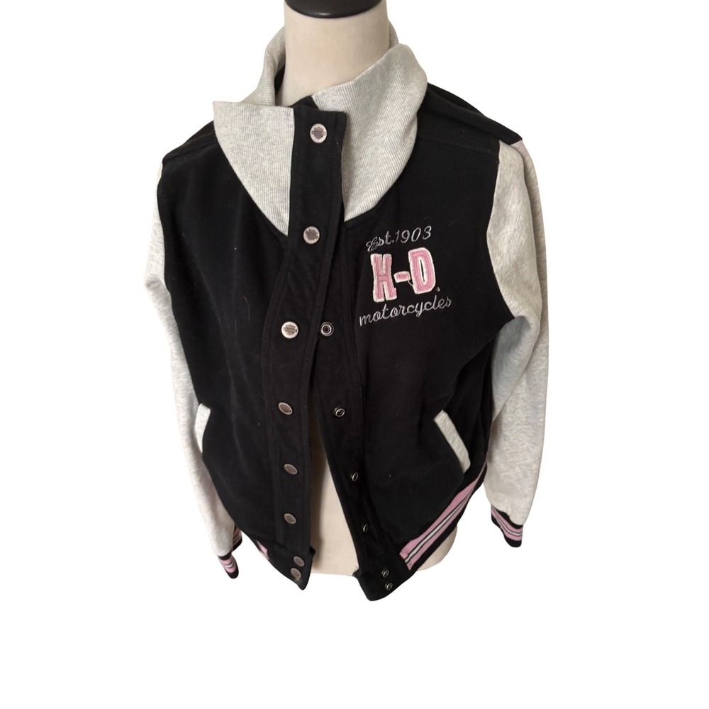 Harley-Davidson Womens Varsity Bomber Jacket Black Pink Embroidered‎ Logo XL - Picture 2 of 6